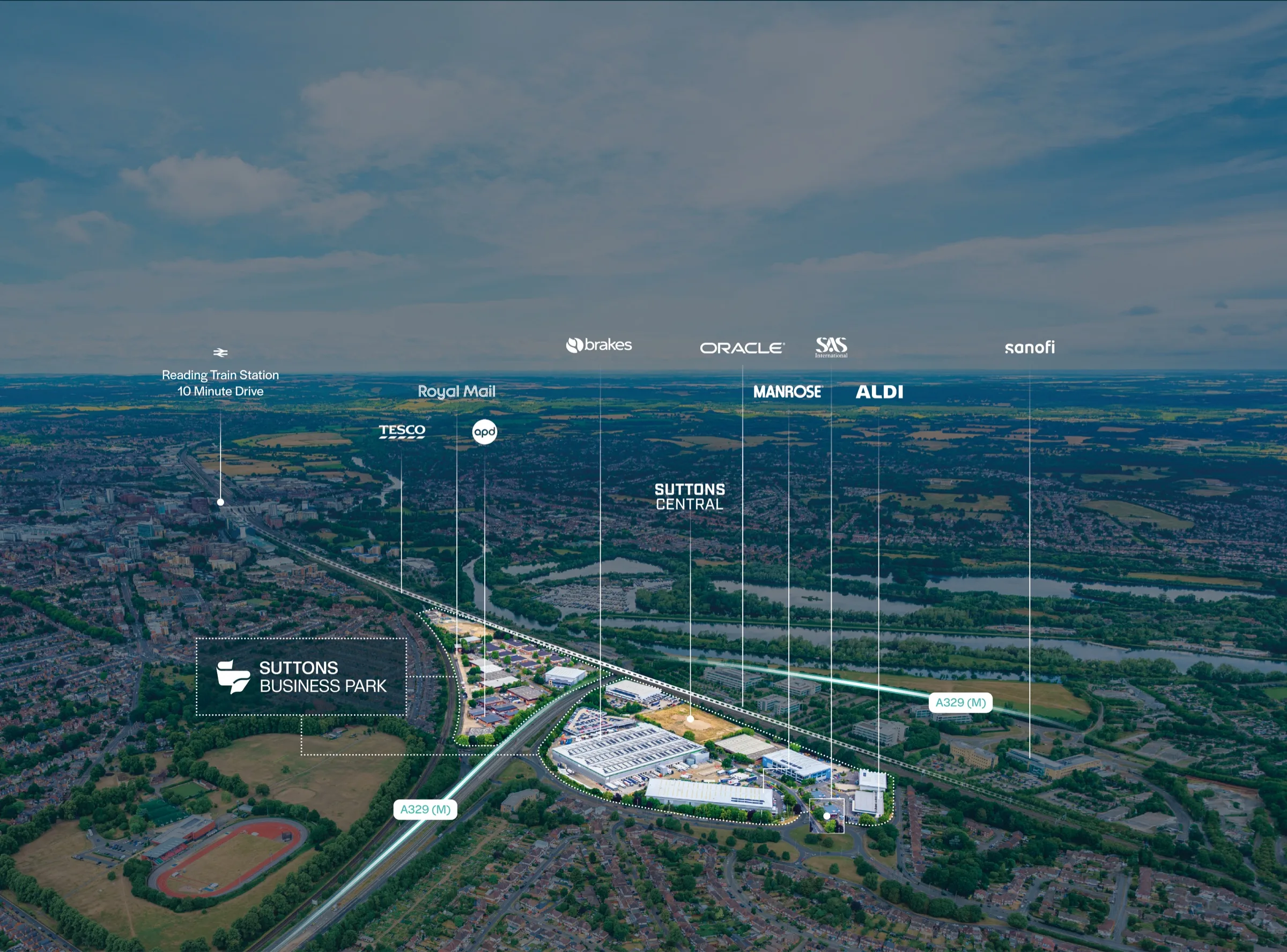 Aerial view of Suttons Business Park, Reading, showing neighbouring occupiers including Tesco, Royal Mail, Oracle, Aldi and Sanofi, and the A329(M) link