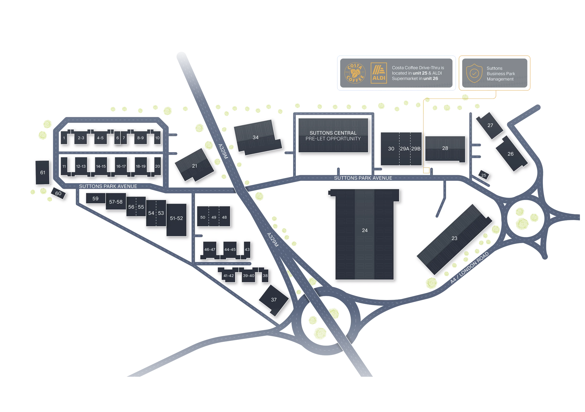 Site plan of Suttons Business Park showing every unit, Suttons Park Avenue and the A329(M) and A4 London Road approaches